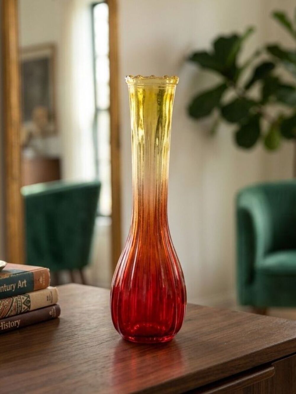 Vintage Jeannette Amberina Ombre Glass Bud Vase 9"